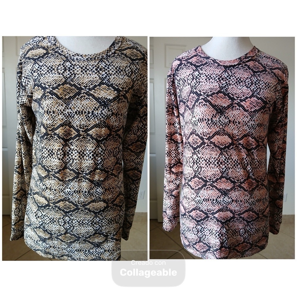 Set 2‎ Womens Blouse Top XL Long Sleeve Round Neck Snake Coral / Brown Basic
